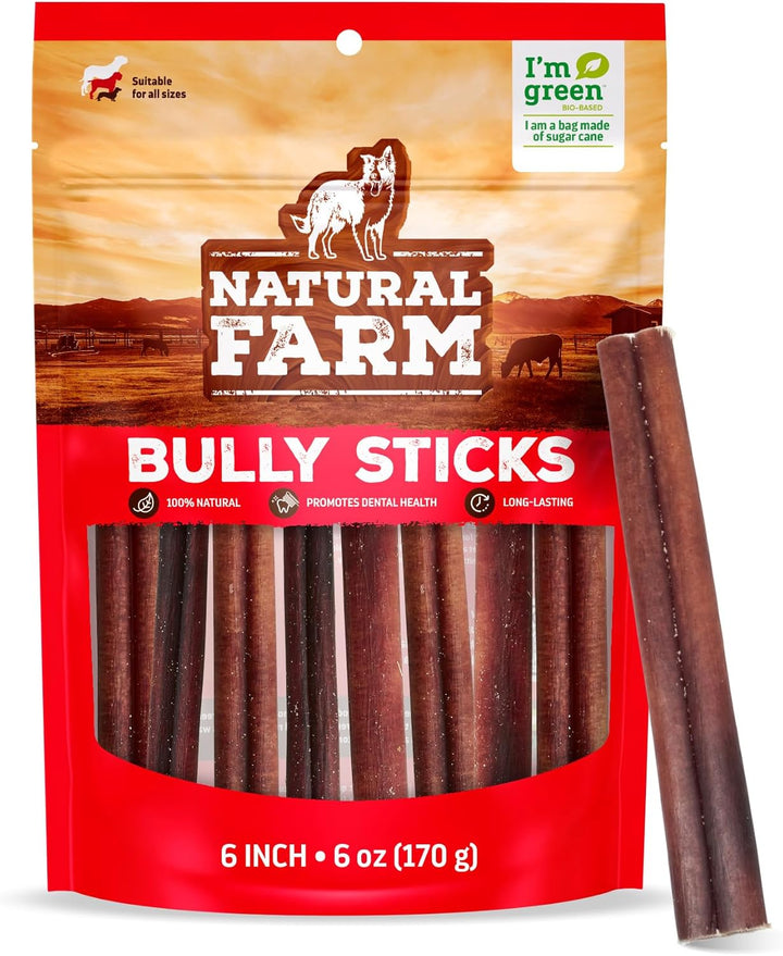 Odor-Free Bully Sticks (6 Inch, 25 Pack), 1.3 Lb. Bag, Fully Digestible 100% Beef Pizzle Chews, Grass-Fed, Non-Gmo, Grain-Free, Natural Long-Lasting Chews for Small & Large Dogs