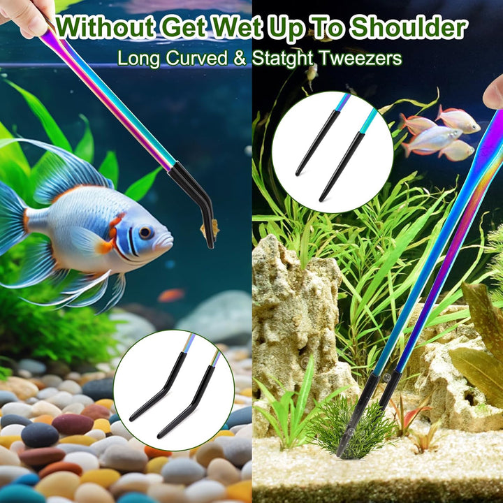 Stainless Steel Reptile Feeding Tongs with Rubber Tip - 10.6" Straight & Curved Tweezers for Aquariums & Crafts - Feeder Tools for Bearded Dragons & Lizards - Terrarium Tank Supplies - 2 Pack