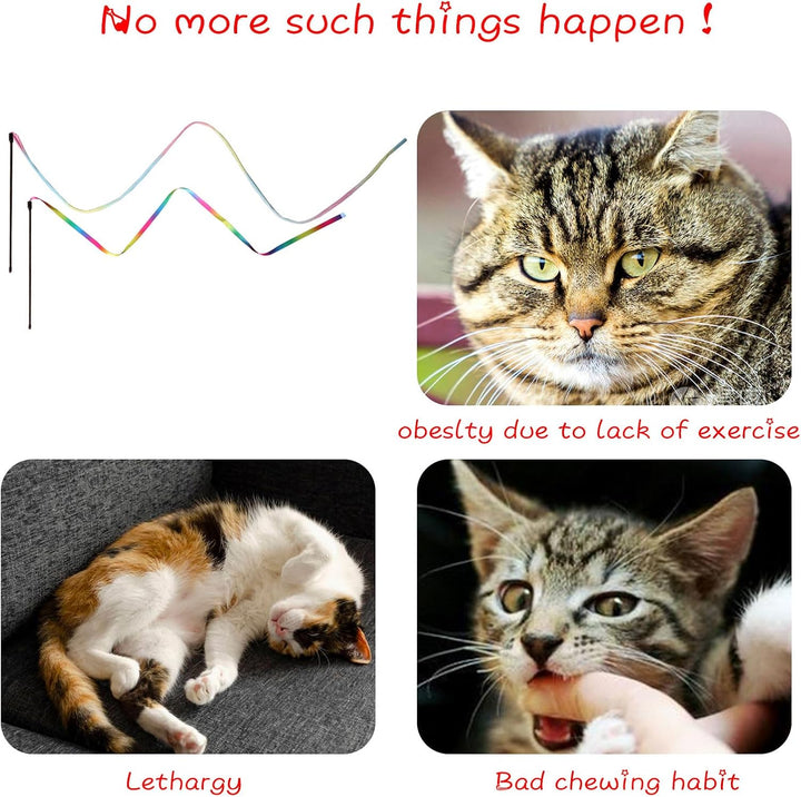 Cat Wand Toys Interactive Kitten Toys for Indoor Cats Colorful Teaser Wand String for Exercise Kitten Stick Kitty Rope Toy Rainbow Ribbon Cat Charmer -2Pcs