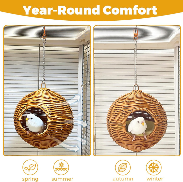 Chewproof Steel Frame Bird Nest for Cage, Washable Small Bird Bed Hammock Hideout Lay Eggs Parakeet Nest Sleep, Parakeet Warm Bed House Hut for Lovebird, Canary, Budgie, Finch (Brown)