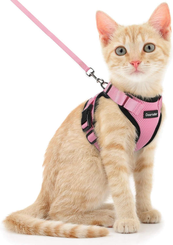 Cat Harness and Leash Set, Escape Proof Safe Adjustable Kitten Vest Harnesses for Walking, Easy Control Soft Breathable Mesh Jacket with Reflective Strips for Cats, Pink, XS