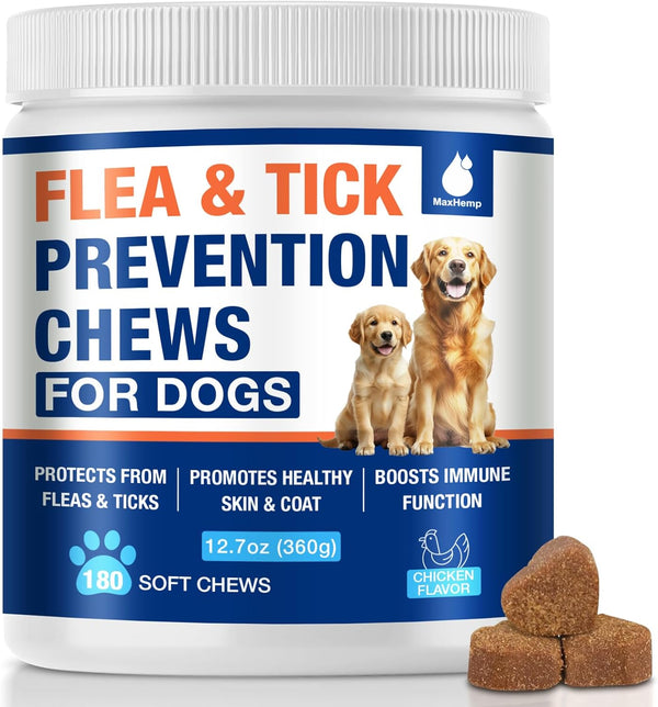 Flea and Tick Prevention for Dogs Chewables, Natural Dog Flea and Tick Treatment, Oral Flea Pills for Dogs Puppy, Skin & Coat Support Supplement - 180 Soft Treat (Chicken Flavor)