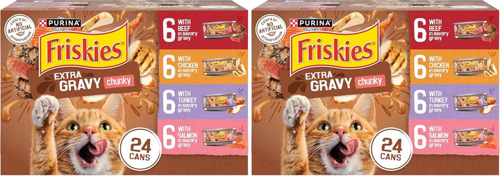 Purina  Extra Gravy Wet Cat Food Chunky 24Ct Variety Pack (With Chicken, Turkey, Salmon, Beef) - (Pack of 24) 5.5 Oz. Cans