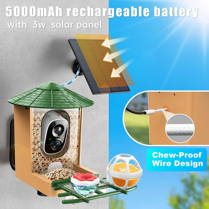 Smart Bird Feeder with Camera with AI Identify Birds Species & Solar Panel, Wifi Birdfeeder with Cam, 2K Live View, Chew-Proof & Waterproof Design, Real-Time App Alerts, Gift for Bird Lovers, Green