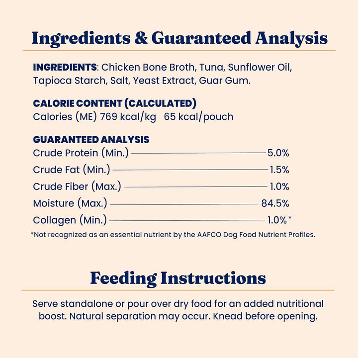 Bone Broth Cat Food Topper - Limited Ingredient Lickable Cat Broth Pouches W/Tuna Protein Shreds & Collagen for Hydration & Gut Support - Easy to Serve Gravy for Cats Meal Topper - 12Ct
