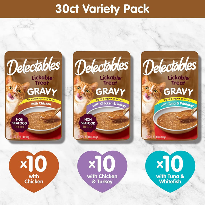 New! Delectables Lickable Treat Gravy Variety Wet Cat Treat & Food Topper, Food Topper, Hydrating, Grain-Free, No Fillers, No By-Products, No Added Preservatives, 1.4Oz Pouch, 30 Pack