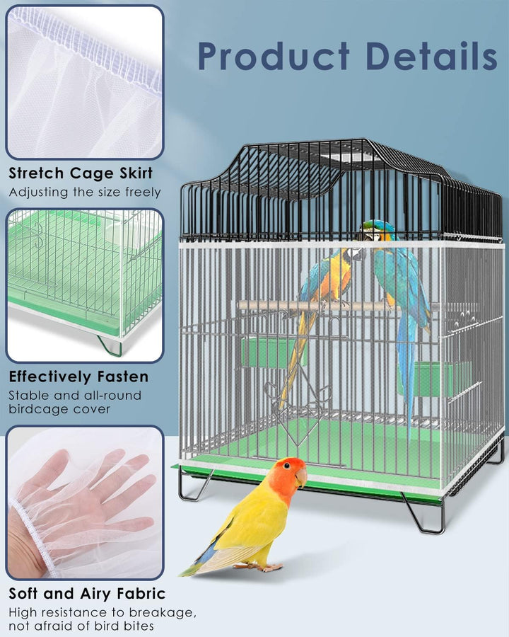 Bird Cage Seed Catcher, Universal Birdcage Net Nylon Adjustable Elastic Band Stretchy Skirts Mesh Cover for Parrot Cage Seed Guard (Not Include Birdcage)- White