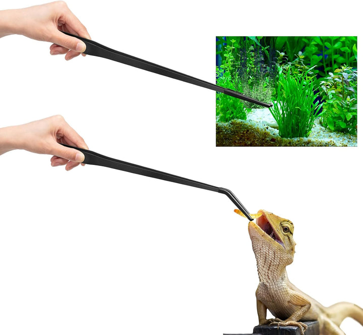 2 Pcs Extra Long Stainless Steel Reptile Feeding Tongs with Rubber Tip Bearded Dragon Aquarium Straight and Curved Long Tweezer Terrarium Feeder Tool for Tank(Silver, 10 Inch, 10.5 Inch)