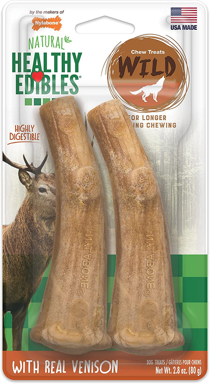 Healthy Edibles WILD Natural Dog Chew Treats for Large Dogs, Long Lasting Dog Healthy Chew Antler Bone Made in USA, Venison Flavor, for Dogs up to 50 Lbs. (2 Count)