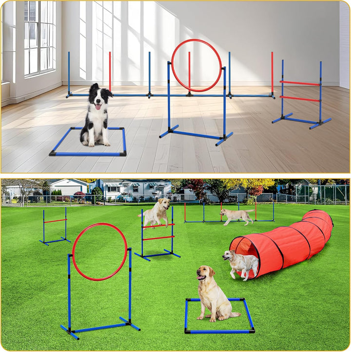 Dog Agility Accessories Kit: Comprises of a Teaser Pole, 2 Hurdles, 3 Flying Discs, 6 Weaving Poles, Agility Tunnel, Pause Box, Full Set of Agility Equipment for Backyard Indoors Outdoors