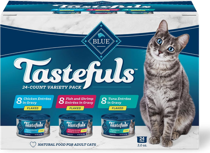 Tastefuls Flaked Wet Cat Food Variety Pack, Made with Natural Ingredients, Tuna, Chicken, Fish & Shrimp, 3-Oz Cans (12 Count, 4 of Each)