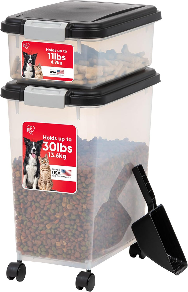 IRIS USA Dog Food Storage Container, 30 Lbs & 11 Lbs Combo, Cat Food Storage Container, Dog Treat Container, Airtight, Stackable, 2-Cup Scoop, Wheels, Easy Mobility, Black
