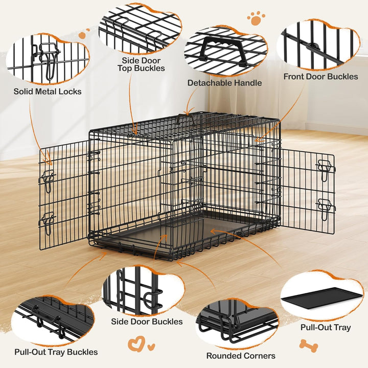 42 Inch Double Door Dog Crate W/Divider for Puppy to Adult XL Collapsible Metal Crate with Removable Tray Wire Dog Kennel for Large Dogs Portable Travel Cage, Black
