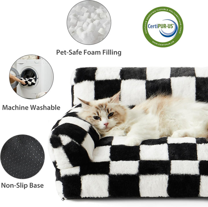 Cat Couch & Dog Couch Bed, Pet Sofa for Small Pet, Cute Cat Sofa, Checkered Dog Bed with Washable Cover (Black&White)
