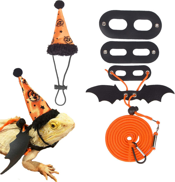 Halloween Bearded Dragon Lizard Leash Harness Hat Set - Reptile Halloween Clothe Pumpkin Hat + 3 Pack Reptile Harness Leash for Bearded Dragon Lizard