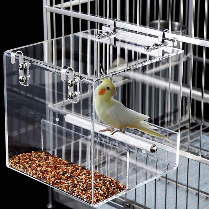 No Mess Bird Feeder for Cage, Automatic Acrylic Bird Feeder Seed Catcher Tray Cage with Stainless Steel Hooks for Small Parrots Canary Parakeet Budgerigar Crested Cockatiel Lovebird (Small)