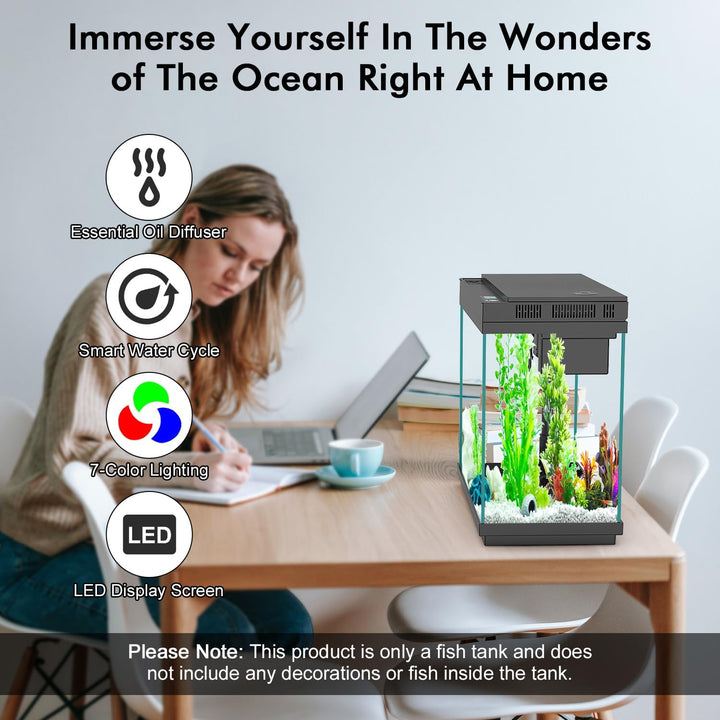 Smart Aquarium Fish Tank with Silent Water Pump, 2.4 Gallon Small Aquarium with Quick Start Kit, Temperature Display, Humidifier and RGB Lights, Perfect for Home, Office, and Decor