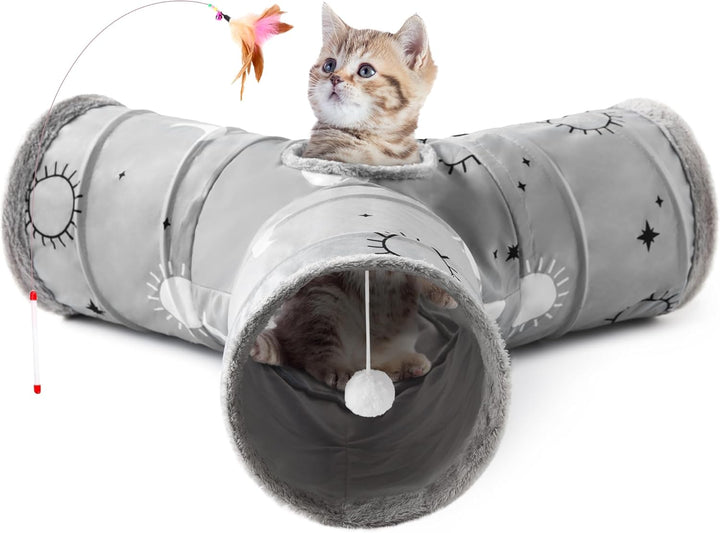 Pet Cat Tunnel Tube Cat Toys 3 Way Collapsible, Tunnels for Indoor Cats，Kitty Bored Peek Hole Toy Ball Cat, Puppy, Kitty, Kitten, Rabbit