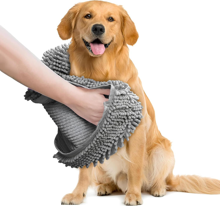 Doggy Dryer, Highly Absorbent Microfiber Washable Dog Shammy Quick Drying Towel Absorber - Extra Soft Plush Wrap Chenille Bath Towels to Dry Soggy Large Pets & Small Puppy-Grey 13"X31"