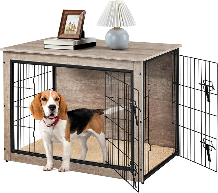 27.5'' Dog Crate Furniture with Cushion Wooden Dog Crate with Double Doors/Adjustable Feet Side End Table for Small/Medium Dogs, 27.5" L X 20" W X 24" H
