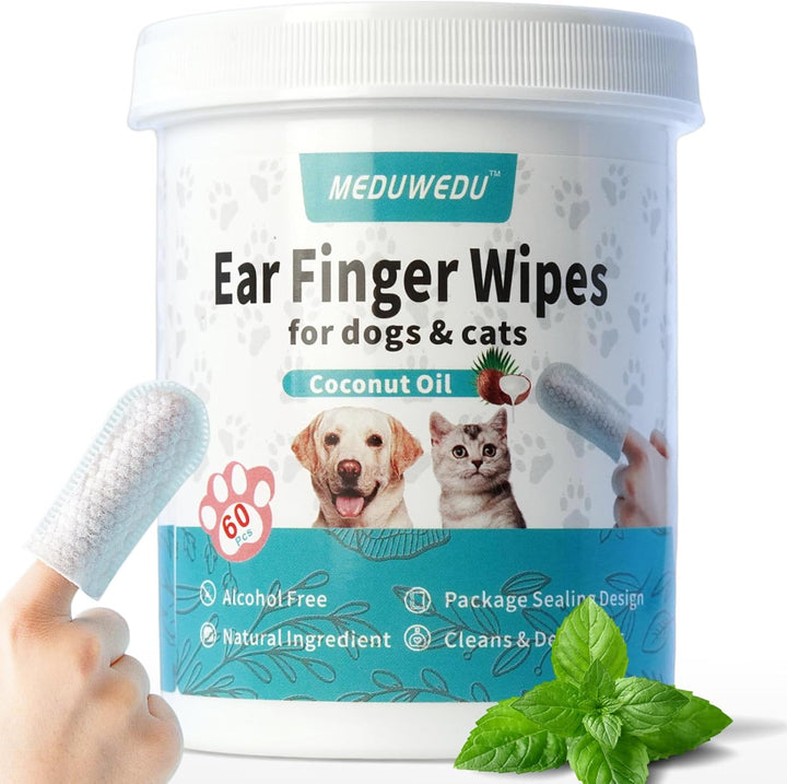 Ear Cleaner Finger Wipes 60 Counts, Dog Ear Cleaner, Grooming Kit Care for Dogs and Cats, Soft & Easy Otic Cleaning Pads, Remove Wax, Dirt & Stop Smelly, Itchy, Non-Irritating, Coconut Scent