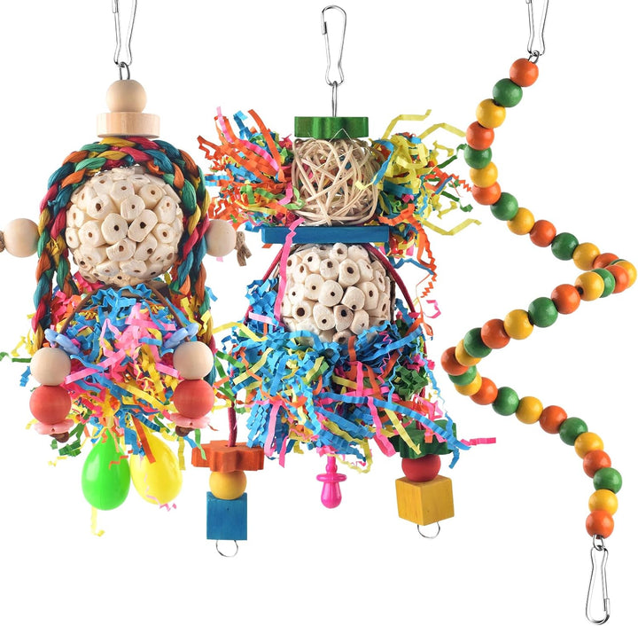 Conure Toys, 2PCS Bird Parrot Foraging Shredder Hanging Toys Sola Balls with Sand Hammer for Small Parrots Parakeets Conures Cockatiels Love Birds Cage Toy