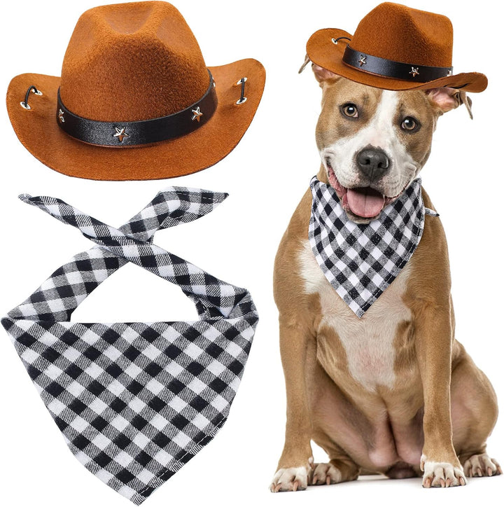 Pet Cowboy Costume Accessories - Dog Cat Pet Size Cowboy Hat and Bandana Scarf West Accessories for Puppy Kitten Party Festival and Daily Wearing Set of 2 (Coffee)