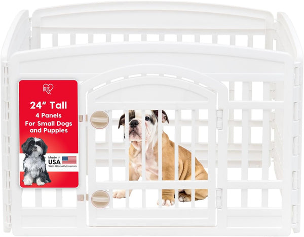 IRIS USA 24" 4-Panel Dog Playpen with Door, 35 X 35 X 24, Puppy Playpen, Dog Play Pen Indoors, Pet Fence, Puppies/Small Dogs, White