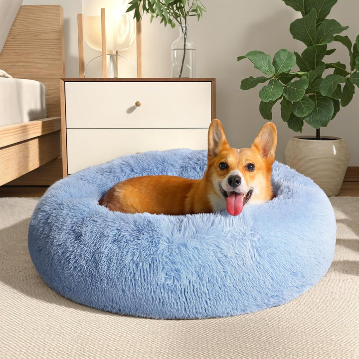 Calming Soft round Dog & Cat Bed, Anti-Anxiety Donut Cuddler Warming Cozy Fluffy Faux Fur Plush Cushion Bed for Small Medium Dogs and Cats (20"/24"/27"/30"), Light Grey