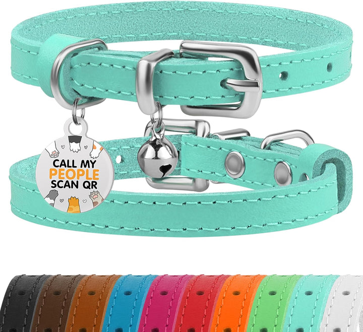 Leather Cat Collar with Removable Bells Non Breakaway Kitten QR Tag for Girl Boy (7" - 9" for Cats, Black & Gold)