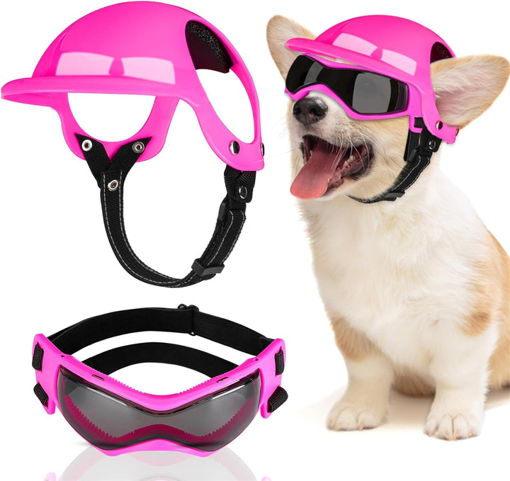 Dog Helmet and Goggles - UV Protection Doggy Sunglasses Dog Glasses Pet Motorcycle Helmet Hat with Ear Holes Adjustable Belt Safety Hat for Small Medium Large Dogs Puppy Riding (Black, S)