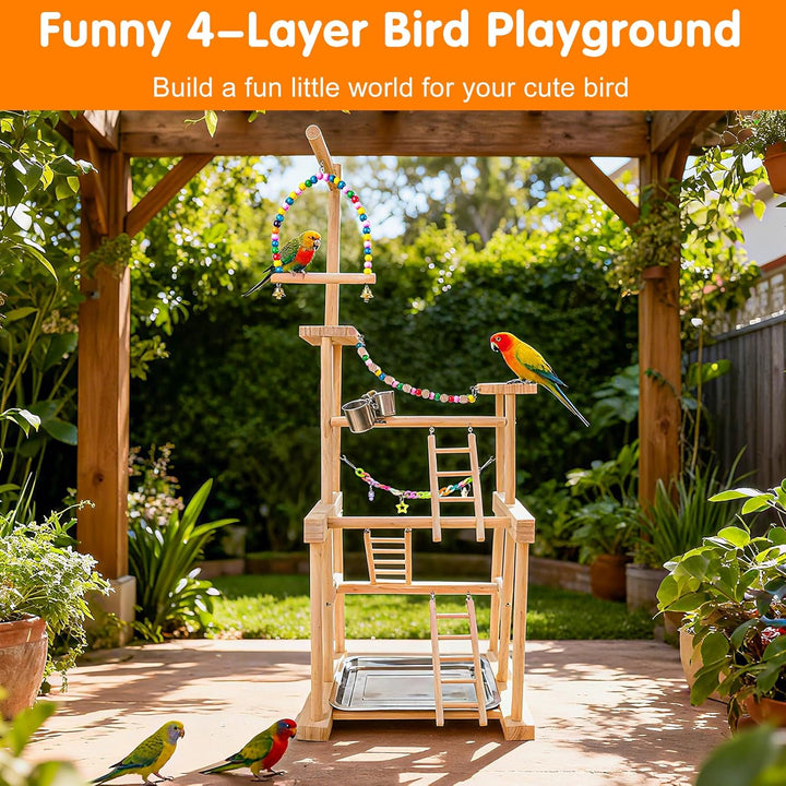 Bird Playground 4 Layer, Parrot Perch Stand Bird Play Stand for Parakeet Conure Cockatiel Lovebird Budgie, Parrot Playground with Feeder Cups, Ladder, Chain Toy, Swing and Detachable Tray