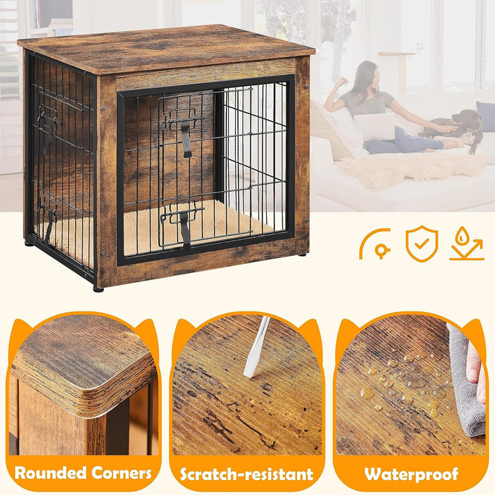 27.5'' Dog Crate Furniture with Cushion Wooden Dog Crate with Double Doors/Adjustable Feet Side End Table for Small/Medium Dogs, 27.5" L X 20" W X 24" H
