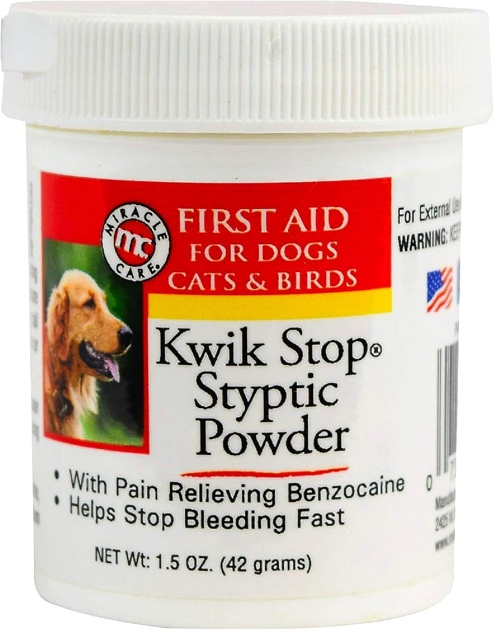 Kwik Stop Styptic Powder for Dogs, Cats and Birds, 0.5 Ounce, Fast Acting Blood Stop Powder with Pain Relieving Benzocaine