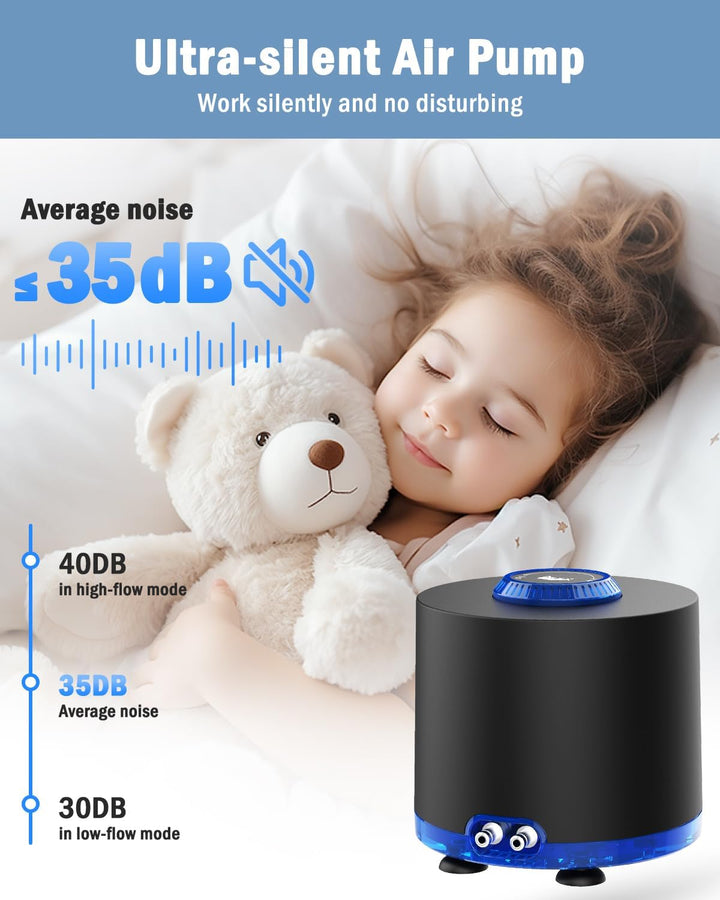 Aquarium Air Pump, Quiet Powerful Fish Tank Air Pump 3W/6W/10W with Stainless Steel Dual Outlet, Adjustable Oxygen Aerator Pump with Air Stone Bubbler for Fish Tank up to 200 Gallon 3W (Tubby)