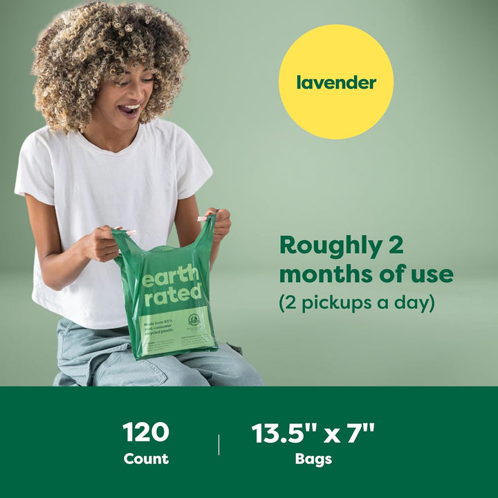 Dog Poop Bags with Handles, Extra Wide, Easy Tie and Guaranteed Leakproof, Lavender Scented, 120 Handle Bags