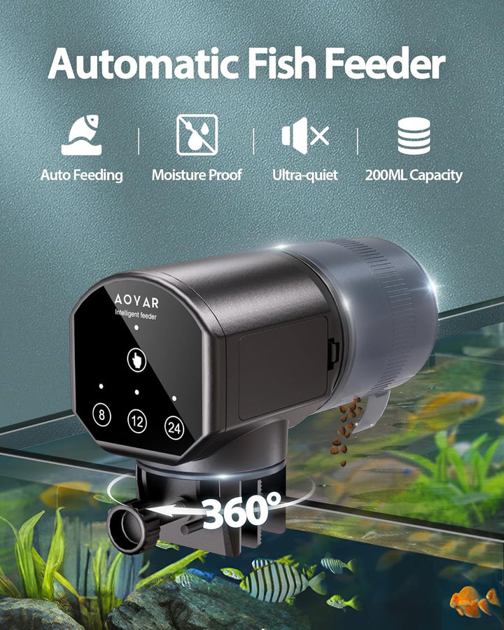 Automatic Fish Feeder Dispenser for Aquarium: 200Ml Large Capacity Auto Feeders for Small Tank Turtle Betta Koi - Battery Food Feeding Timer for Flakes Pellet Vacation Weekend Day