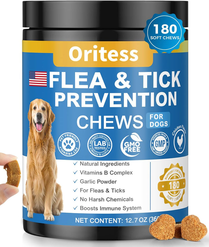 Flea and Tick Prevention for Dogs, 180 Soft Chews Natural Dog Flea and Tick Chewables Oral Flea Supplement for Dogs, Puppy Flea Support - All Breeds & Ages - Chicken Flavor