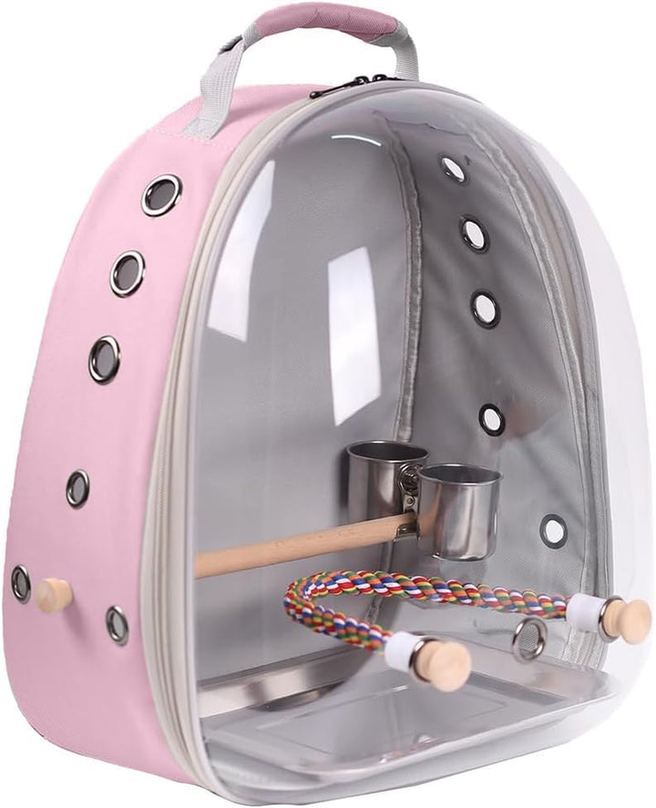 Bird Traval Carrier Cage, Clear Space Capsule Astronaut Backpack to Carry Parakeet Cockatiel Parrot with Metal Tray Wood Perch, Vet Transport School Bag