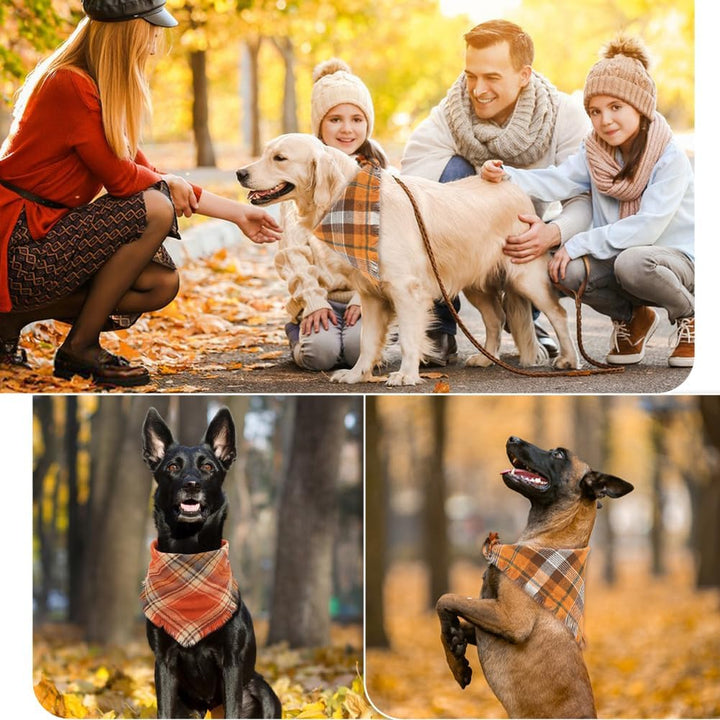 Halloween Dog Bandana, 2 Pack Fall Thanksgiving Classic Plaid Dog Scarf with Tassels Edges, Funny Pet Apparel & Accessories Costume for Photo Prop, and Party Decor (Large, Yellow&Orange)