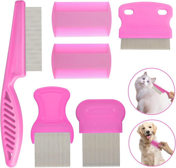 Flea Comb Set for Cats & Dogs - 6 Pack Pet Grooming for Small, Medium & Large Pets (Pink)