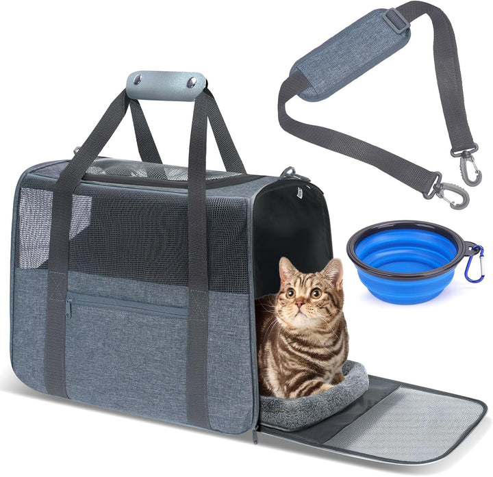 JUNGYOUN Premium ​Cat Carrier - ​Pet Carrier for Cat & Small Dogs up to 15Lbs - ​Airline Approved Travel Dog Carrier with Anti-Escape Zippers, Collapsible Travel Bowl & Padded Strap,Dark Grey
