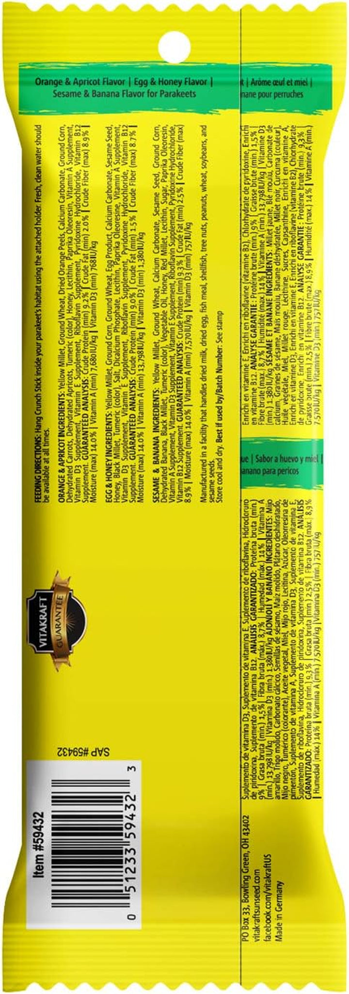 Crunch Sticks Variety Pack: Orange & Apricot Flavor, Egg & Honey Flavor, Sesame & Banana Flavor Treats for Parakeets, 2.4 Oz