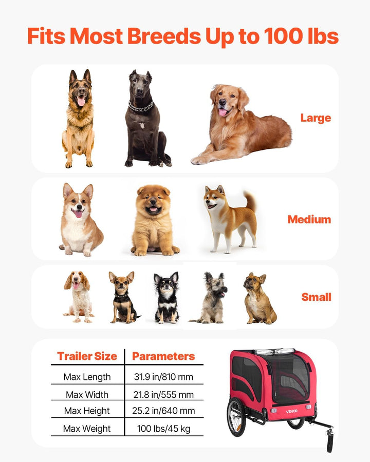 Dog Bike Trailer, Supports up to 100 Lbs, Pet Cart Bicycle Carrier, Easy Folding Frame with Quick Release Wheels, Universal Bicycle Coupler, Reflectors, Flag, Collapsible to Store