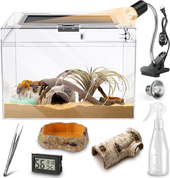 Reptile PC Terrarium,Anti Breakage 12X7X9 Inch Insect Amphibians Tank Spider Starter Kits,Top Sliding Door Screen Ventilation Mini Gecko Habitat Cages,Hygrometer Thermometer,Hide Cave,Tweezer,Sprayer