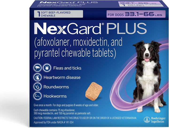 plus (Afoxolaner, Moxidectin, and Pyrantel) Flea and Tick Protection & Heartworm Preventive for Dogs Soft Beef Flavored Chewables, 33.1-66 Lbs. (Purple) 6 Chews (6 Month Supply)