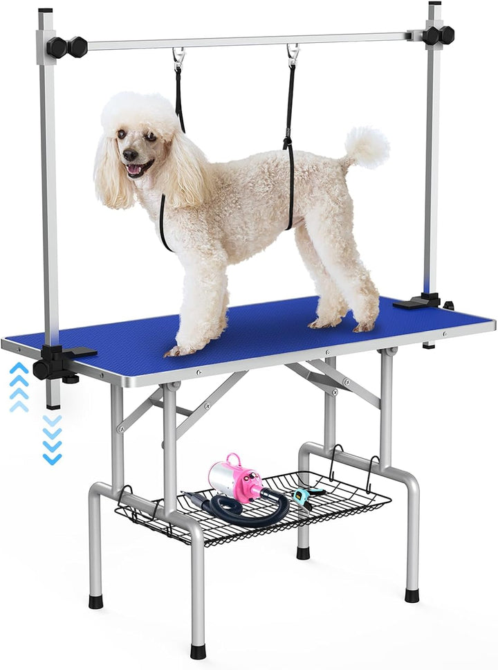 46''Large Dog Grooming Table, Adjustable Cat Drying Desktop with Arms, Nooses, Mesh Tray, Foldable Pet Station at Home, Maximum Capacity up to 330Lb, 46Inch, Black, 46In
