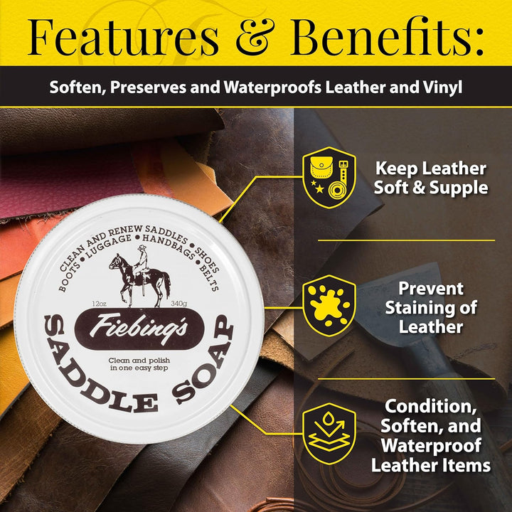 Saddle Soap 12Oz - White - Clean, Polish and Maintain Saddles, Shoes, Luggage, Handbags - Thoroughly Cleans & Restores Natural Preservative Leather Oils to Maintain Suppleness & Strength