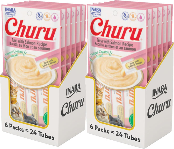 Churu Cat Treats, Grain-Free, Lickable, Squeezable Creamy Purée Cat Treat/Topper with Vitamin E & Taurine, 0.5 Ounces Each Tube, 4 Tubes, Tuna with Salmon Recipe