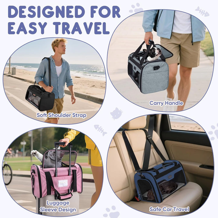 Cat Carrier, Puppy Dog Carrier for Small Medium Pets up to 15 Lbs, Soft-Sided Dog Travel Bag with Safety Zippers, Collapsible Pet Carrying Case (Black, L, 17"X11"X11")